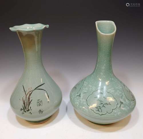 (2) Korean Sanggam Celadon Ceramic Vases