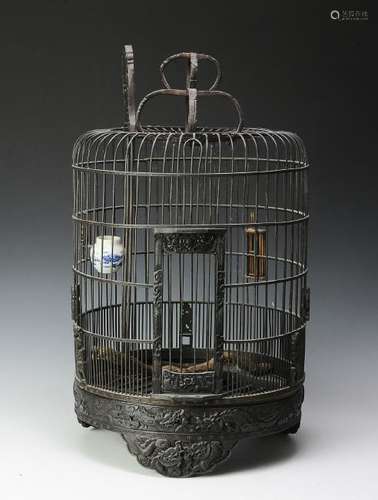 Chinese Bird Cage w/ Porcelain Bird Feeder