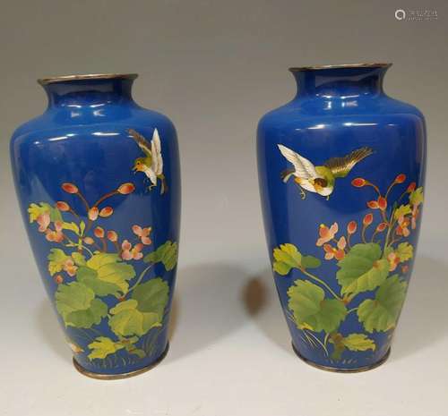 Pair Blue Japanese Ginbari Cloisonne Vases