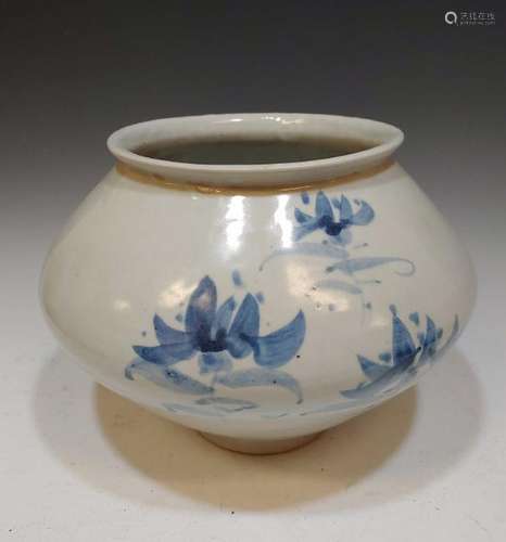 Korean Ceramic Blue & White Moon Jar Flowers