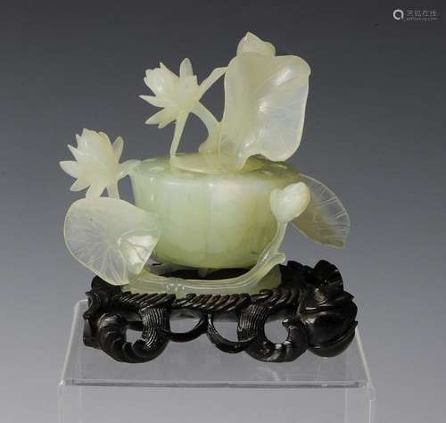 Chinese Carved Jade Lotus Bowl w/ Lid & Stand