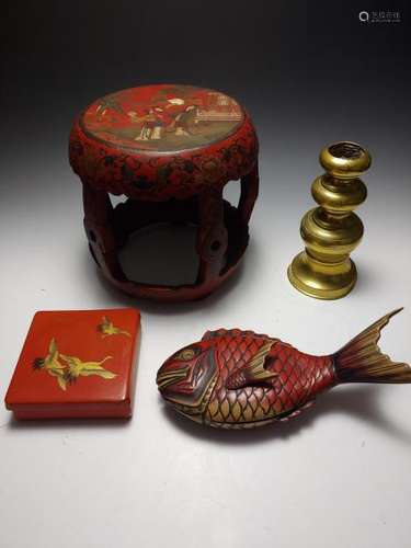 (4) Lacquer Stool & Boxes, Brass Candlestick