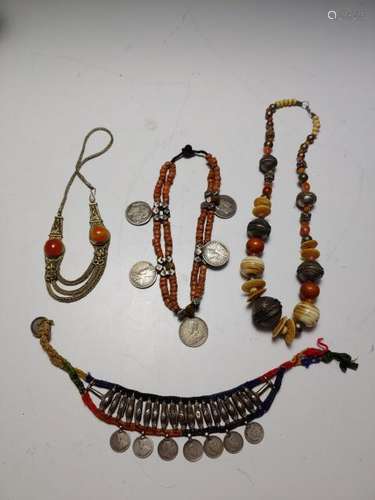 (4) Indian Silver Rupee and Other Necklaces