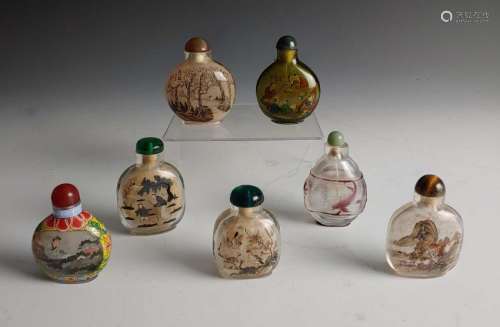 (7) Painted, Carved Snuff Bottles