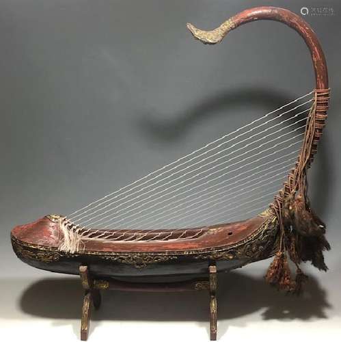 Antique Lacquered Wood Burmese Harp - Saung