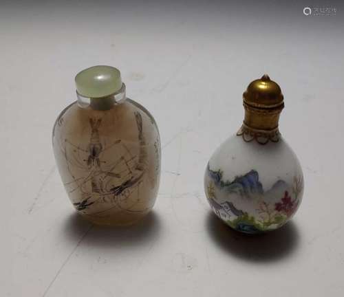 (2) Snuff Bottles, Porcelain & Glass