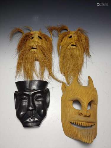 Set of 4 Masks, Straw and Wooden