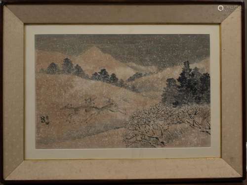 Japanese Watercolor Snow Scene with Deer