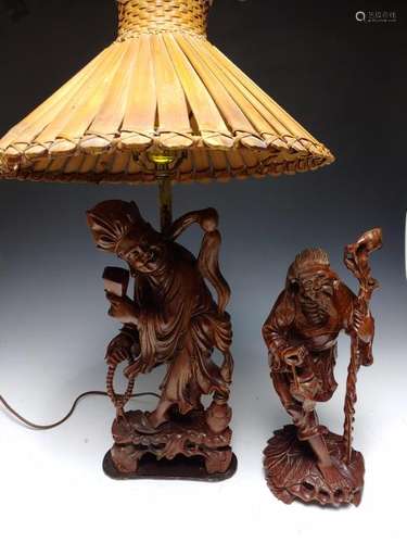 (2) Vintage Japanese Wood Carved Figure & Lamp