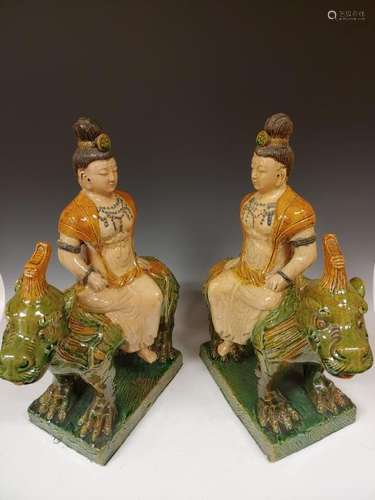 Pair Chinese Ceramic Tang Style Guanyin on Chilong