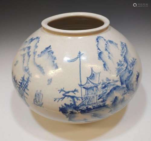 Signed Korean Ceramic Blue & White Moon Jar / Vase