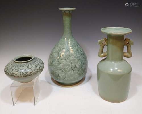 (3) Korean Sanggam Celadon Porcelain Vases