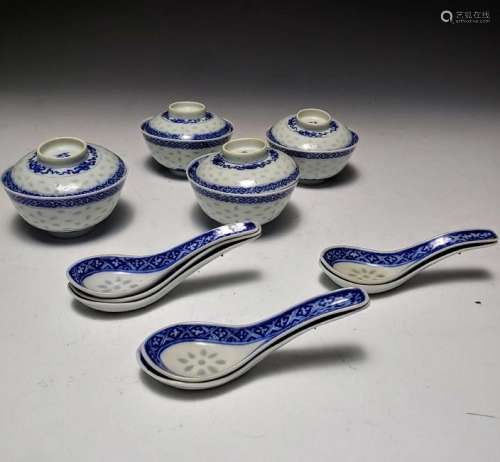 (11) Chinese Porcelain Blue Rice Bowls & Spoons