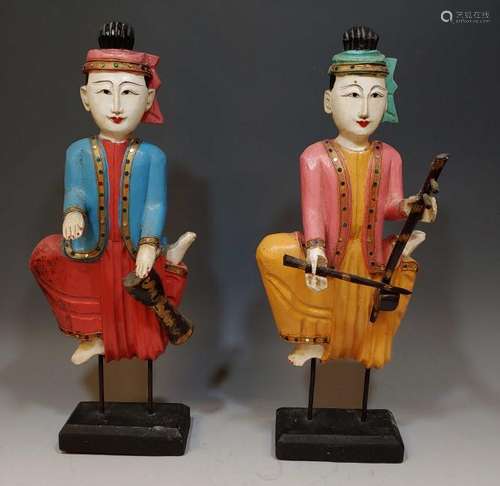 Pair of Polychrome Wood Indonesian Musicians