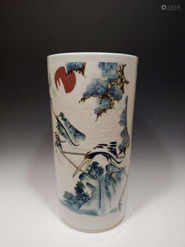 Korean Porcelain Cylinder Vase w/ King Crane