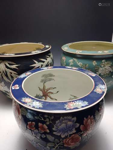 (3) Medium Asian Porcelain Planters/Fish Bowls