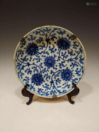 Blue & White Lotus Plate, Qing Dynasty