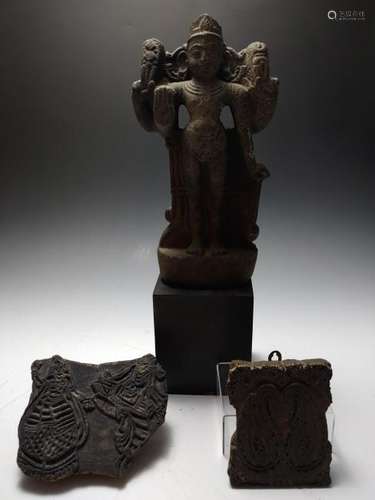 (3) Hindu Temple Stone Figure & Print Blocks