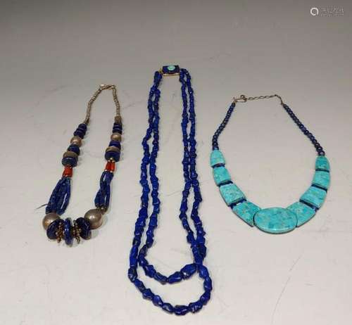 (3) Lapis, Turquoise, Silver & Gold Necklaces