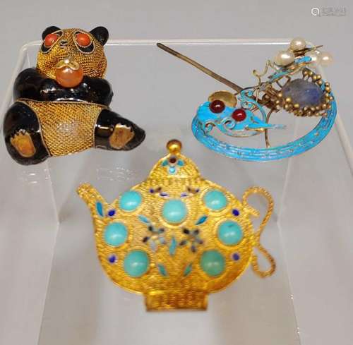 (3) Panda, Teapot Brooch & Cloisonne Hairpin