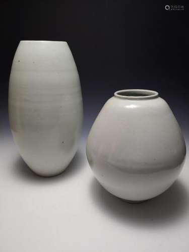 (2) Large Korean Porcelain Oval & Moon Jar Vases