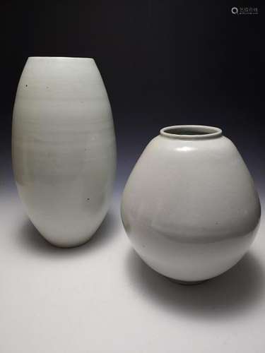 (2) Large Korean Porcelain Oval & Moon Jar Vases