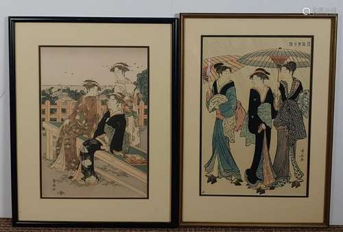 (2) Japanese Woodblock Prints Depicting 3 Geisha