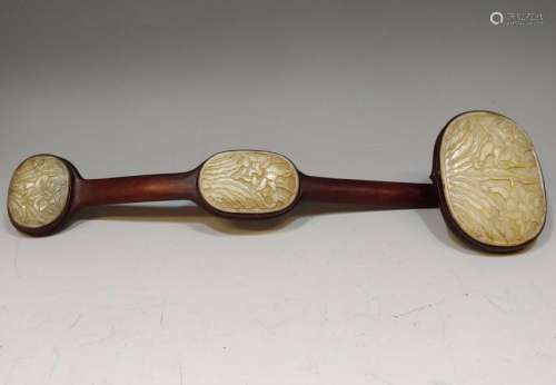 Chinese Wood and Carved Jade Ruyi Stick