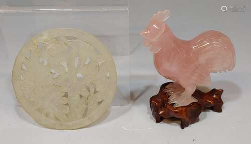 Rose Quartz Rooster & Jade Plaque