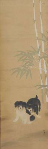 Japanese Painting on Silk Scroll of 2 Dogs