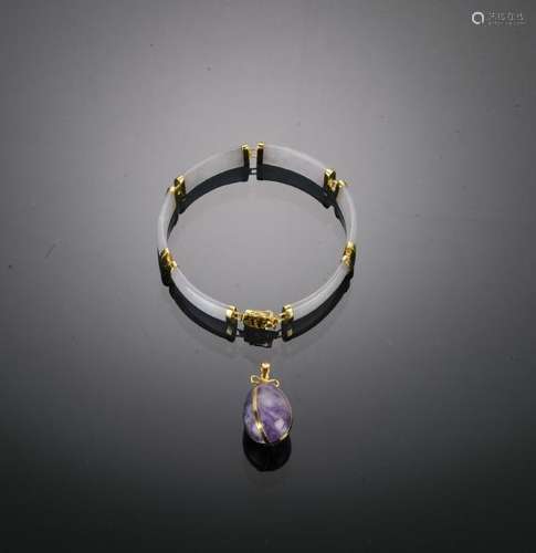 14K Gold, Lavender Jade Bracelet, Amethyst Pendant