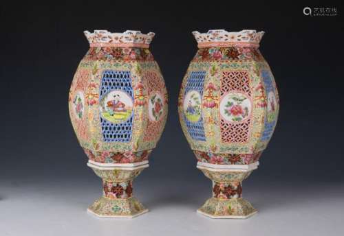Pair Chinese Reticulated Porcelain Lanterns