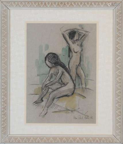 Hans Snel Two Nudes Charcoal, Watercolor Drawing