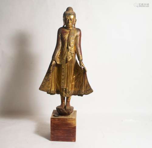 Tall Thai Carved Wood & Glass Buddha