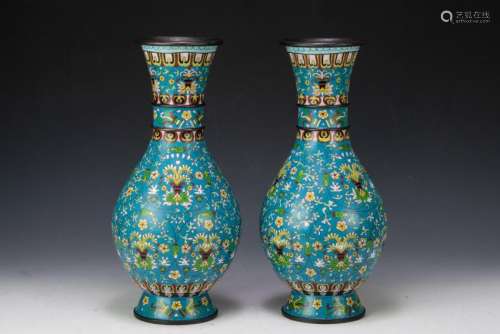 Pair Chinese Blue Ground Cloisonne Vases
