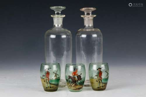 (5) Free-Blown Decanters & Painted Decorated Cups
