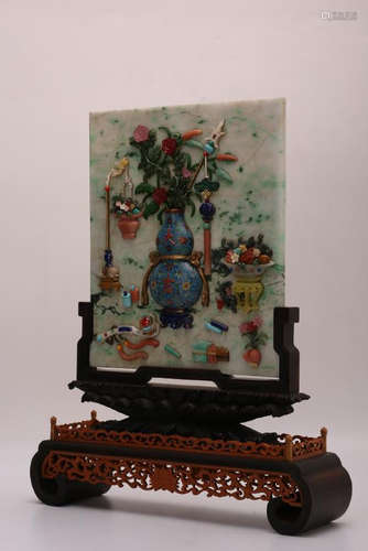 A CLOISONNE EMNAMEL INLAID JADEITE TABLE SCREEN. QING