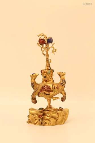 A CARVED GEM'S INLAID GILT-BRONZE DOUBLE PHOENIXS.QING