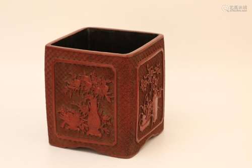 A CARVED CINNABAR LACQUER SQUARE BRUSHPOT.BITONG.MARK