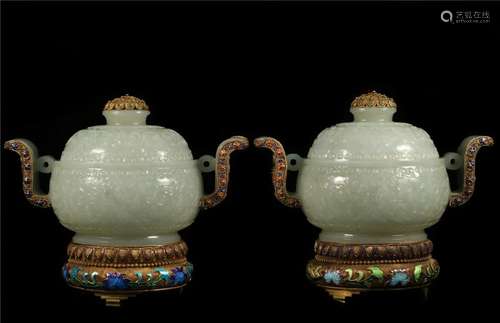 A PAIR OF GILT-SILVER-INLAID WHITE JADE CENSER AND