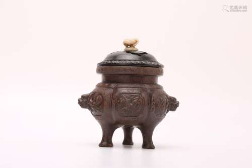 A CARVED AGALLOCH WOOD TRIPOD CENSER.ANTIQUE