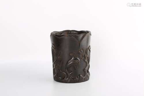 A CARVED ZITAN 'ORCHID' BRUSHPOT.BITONG.ANTIQUE