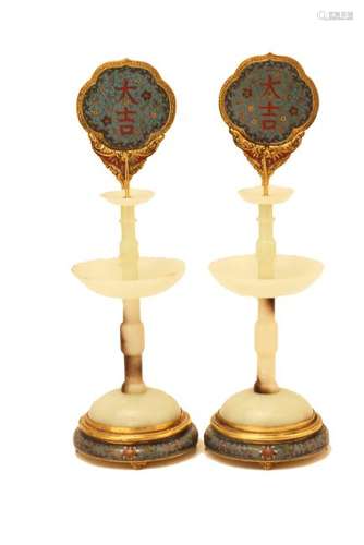 A PAIR OF WHITE JADE INLAID BRONZE CLOISONNE ENAMEL