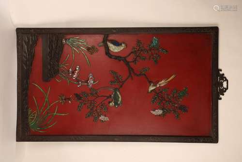 A JADE-INLAID RED LACQUER WALL PANEL.QING DYNASTY