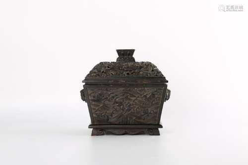 A CARVED ZITAN DRAGON CENSER AND COVER.ANTIQUE