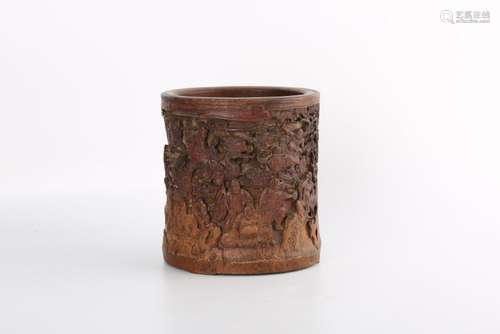 A BAMBOO CARVING OF 18 LUOHANS BRUSHPOT.BITONG.ANTIQUE