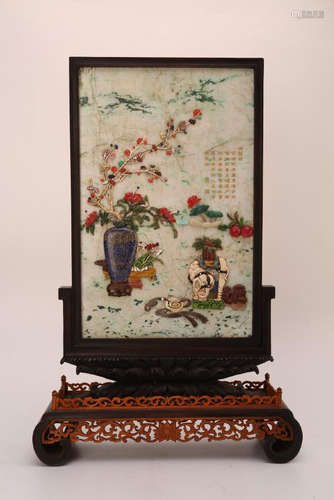 A CARVED GEM'S INLAID JADEITE TABLE SCREEN.QING DYNASTY