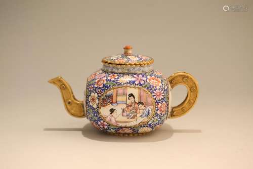 A GILT-BRONZE ENAMELLED'FIGURE'  TEAPOT AND