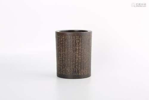 A CARVED INSCRIBED ZITAN BRUSHPOT.ANTIQUE