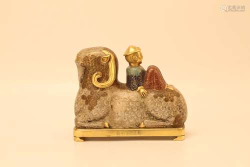 A GILT-BRONZE CLOISONNE ENAMEL SHEEP AND BOY.MARK OF